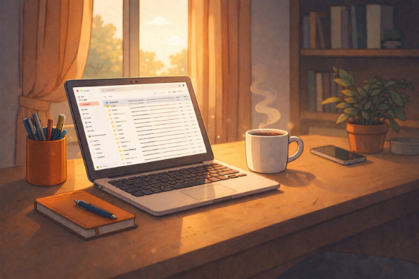 open laptop and a cup of coffee, late afternoon - inbox 600w